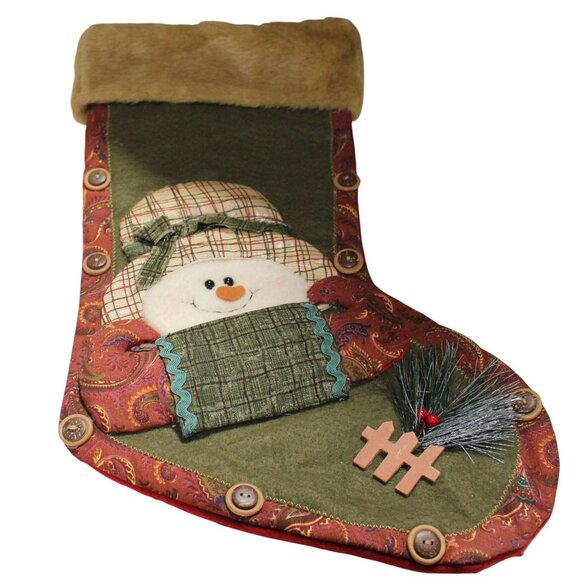 Rustic Country Plaid Snowman Christmas Stocking Faux Fur Trim & Decorative Butto - Picture 7 of 7